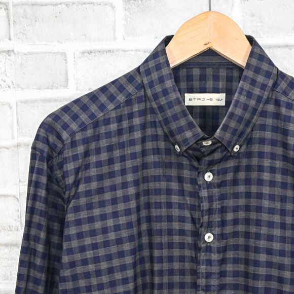 ETRO Men's Button Down Shirt in Blue grey check cotton sz 42 Made in Italy - Picture 7 of 7
